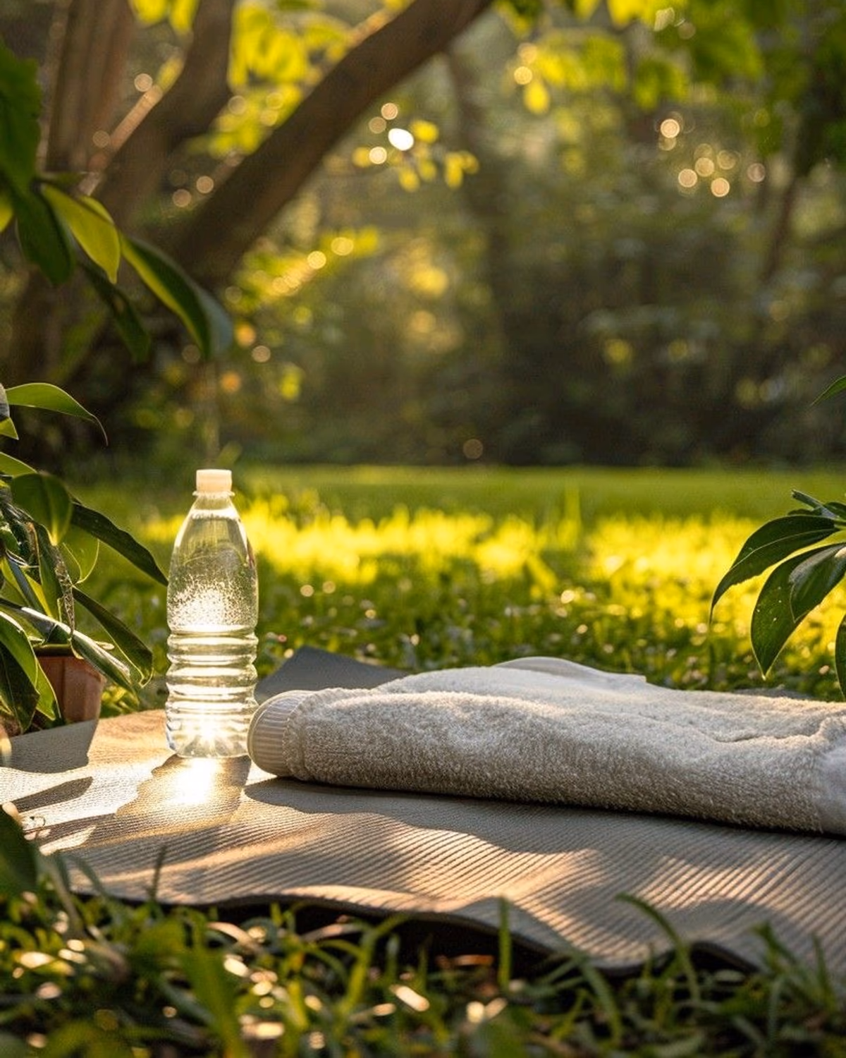 A sunlit yoga mat in the grass under a leafy tree, with a folded towel and a glass water bottle — soft afternoon light through the leaves, an outdoor pampering day