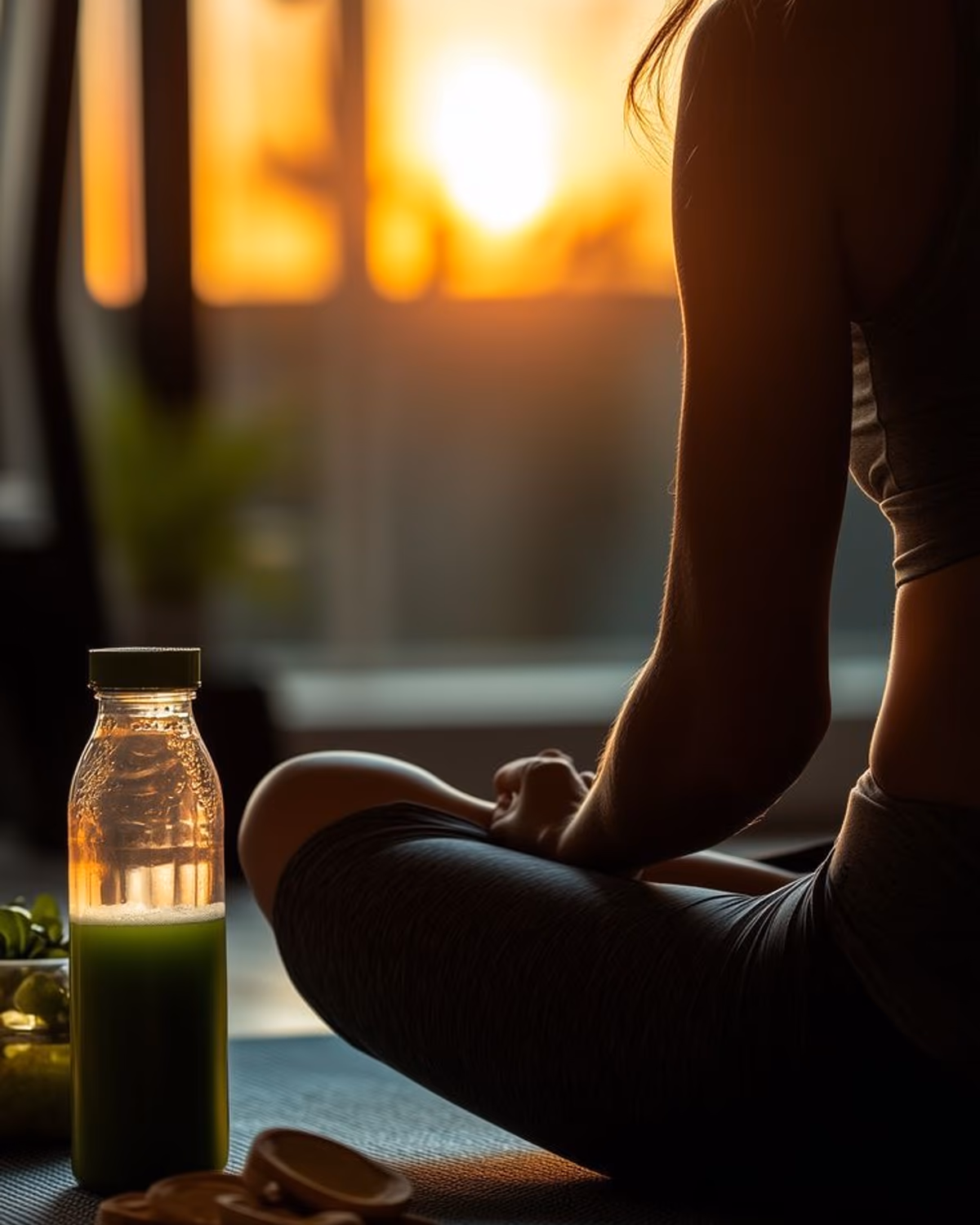 A backlit silhouette of someone seated in a quiet evening yoga pose beside a green juice bottle, soft golden window light behind
