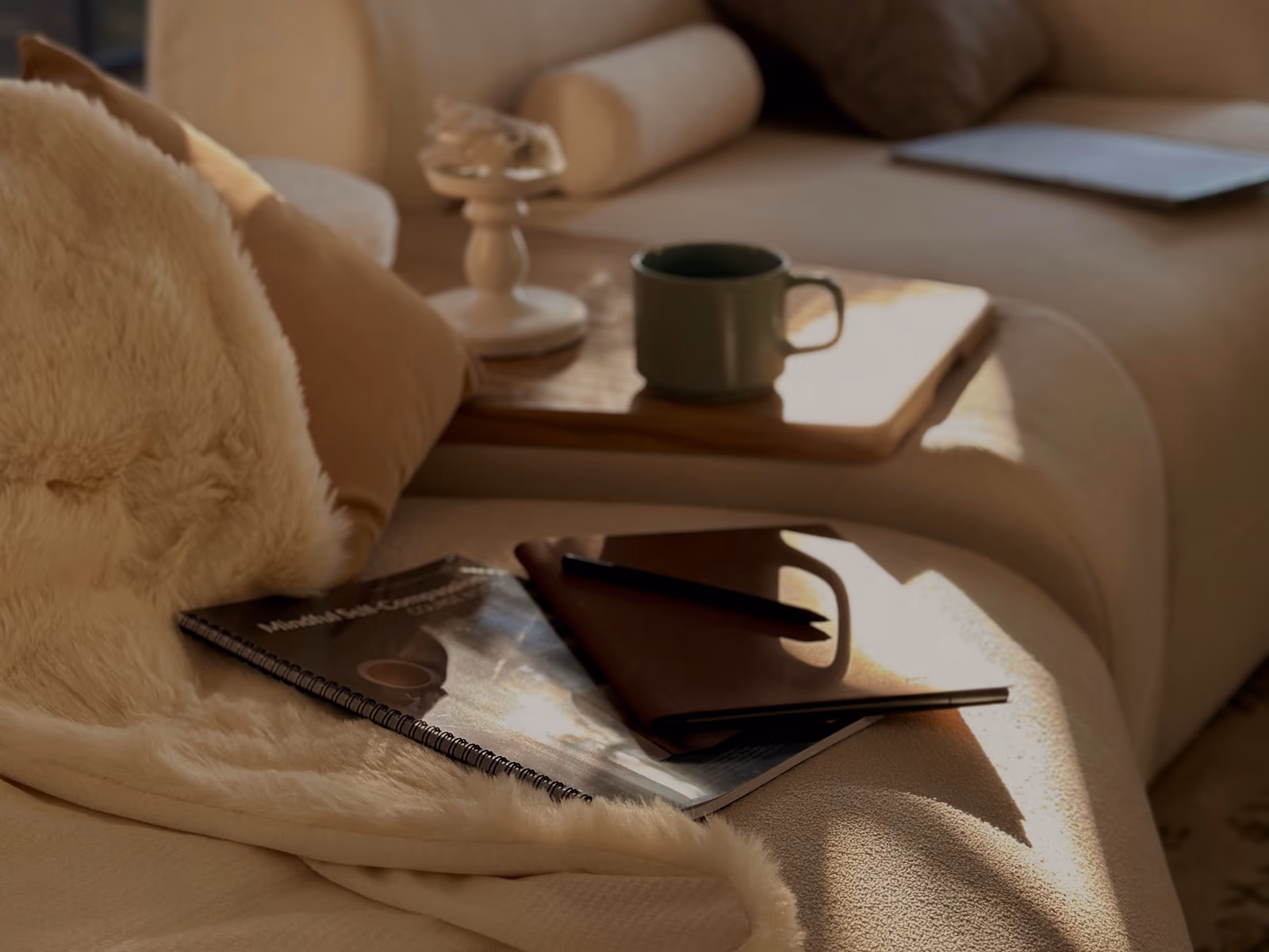A sunlit sofa nook with a soft throw and a warm cup by a garden window