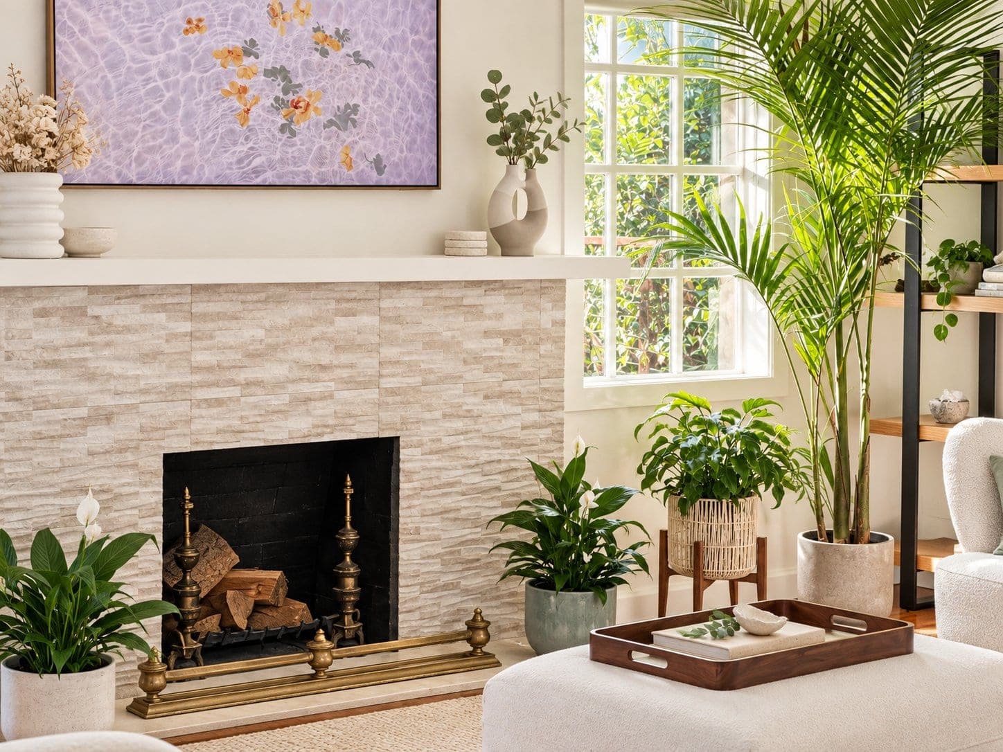 The fireplace, with plants